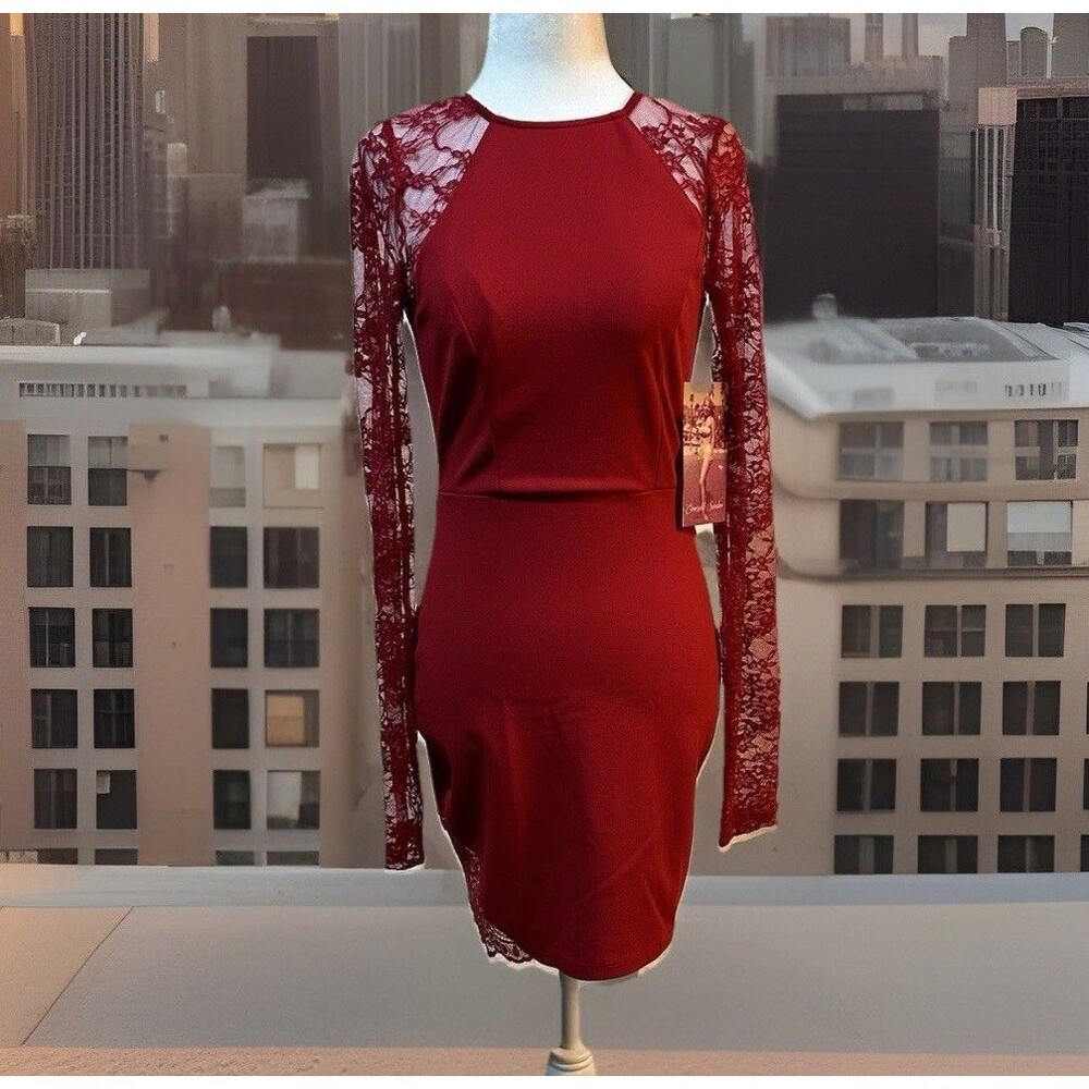 Emerald Sundae Red Bodycon dress back zipper lace sleeves lace insert Size S NWT